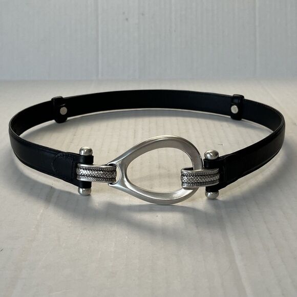 Womens Belt Size M/L Black Leather Silver Tone Hook & Oval Loop 90s Y2K main image 13